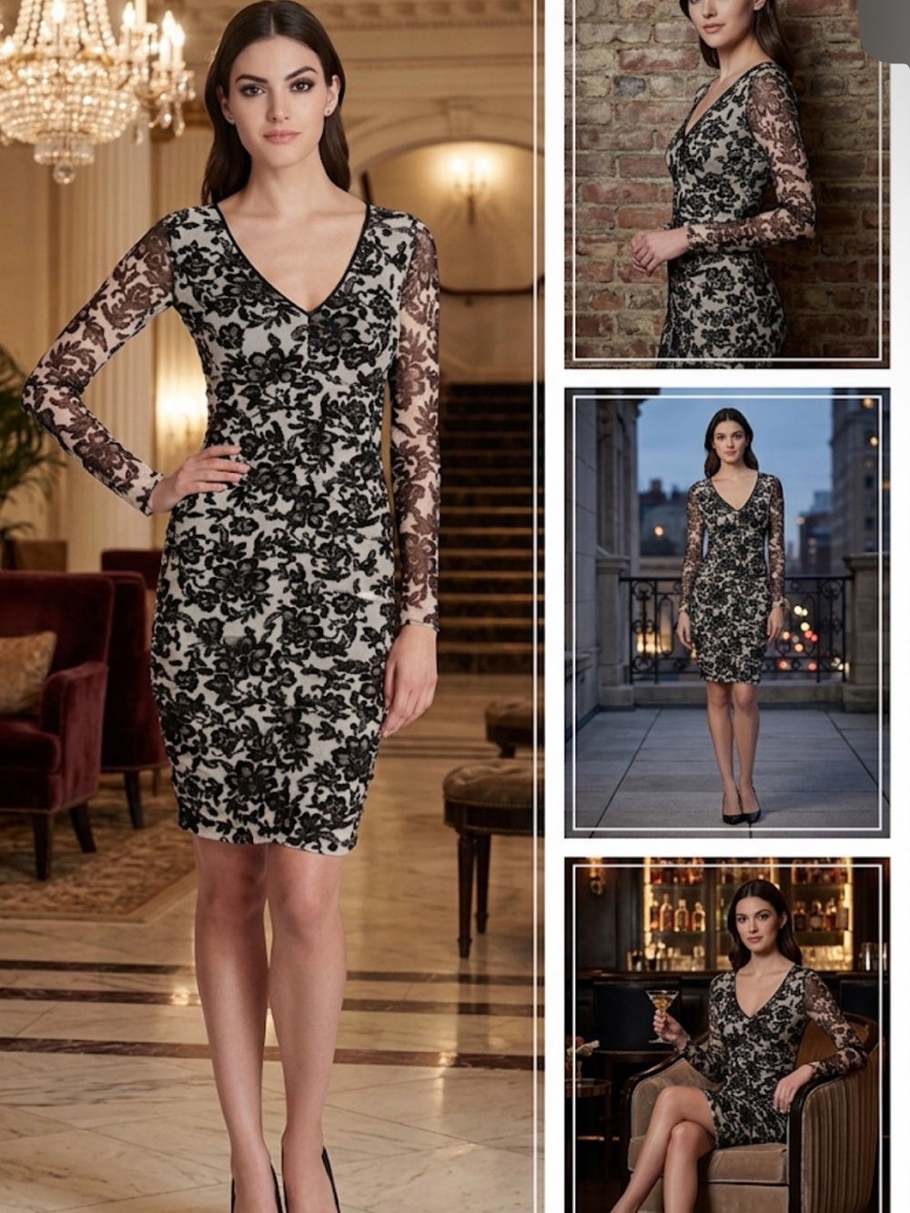 Guess Black and White Lace V-Neck Sheath Dress